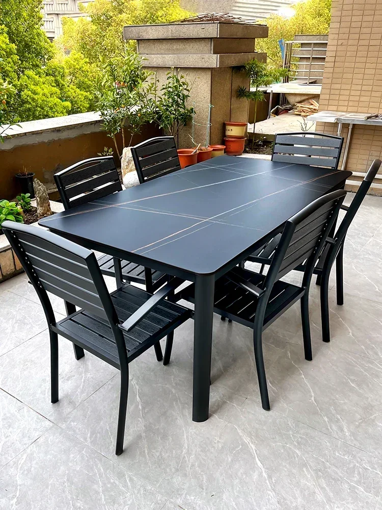 Outdoor table, chair, courtyard, outdoor garden, leisure combination, plastic wooden chair, rock board table, cool table