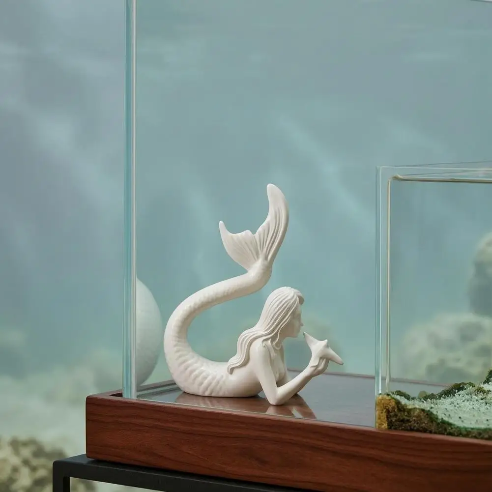 White Resin Craft Ornament 3d Printed Mermaid Figurine Starfish Sculpture Ocean Theme Desktop Ornament for Home Office for Fish