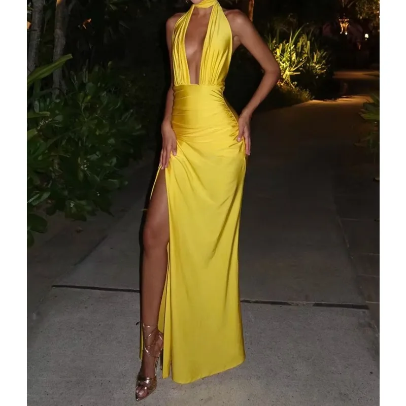 Deep V Neck Backless Sexy Maxi Dress For Women Fashion Solid Sleeveless Bodycon Club Party Evening Long Dress