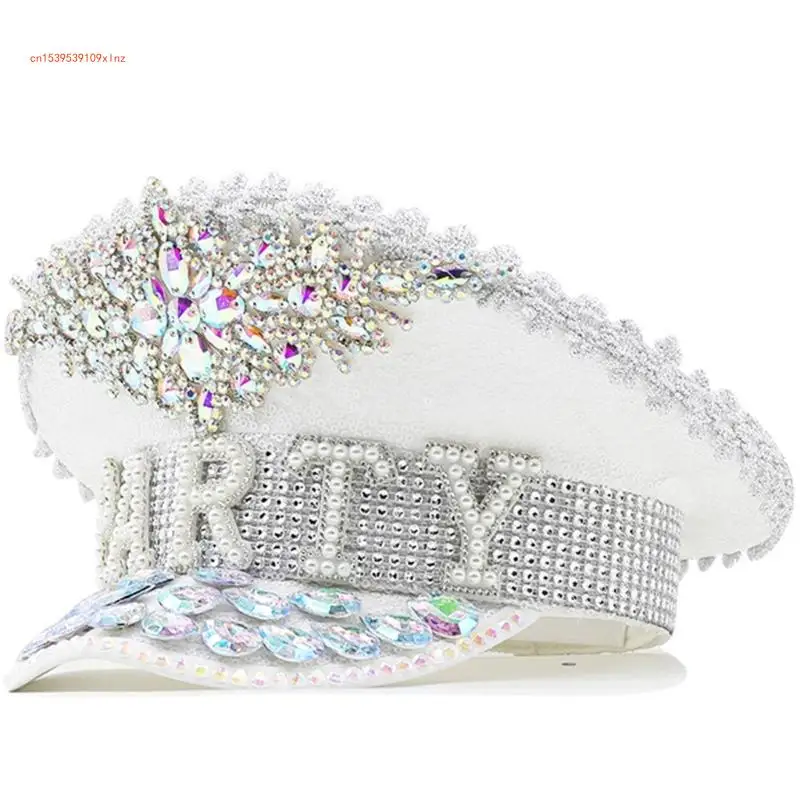 

Fashion Sergeant Hat with Rhinestones Bridal Shower Hat Bachelorette Party Cosplay Hat Night Club Captain Hat Headdress