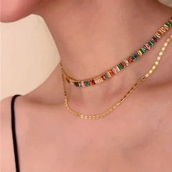Luxury Ice Out Zircon Fashion Accessories Women's New Square Tennis Chain Necklace Green Purple Pink Blue Crystal Necklace