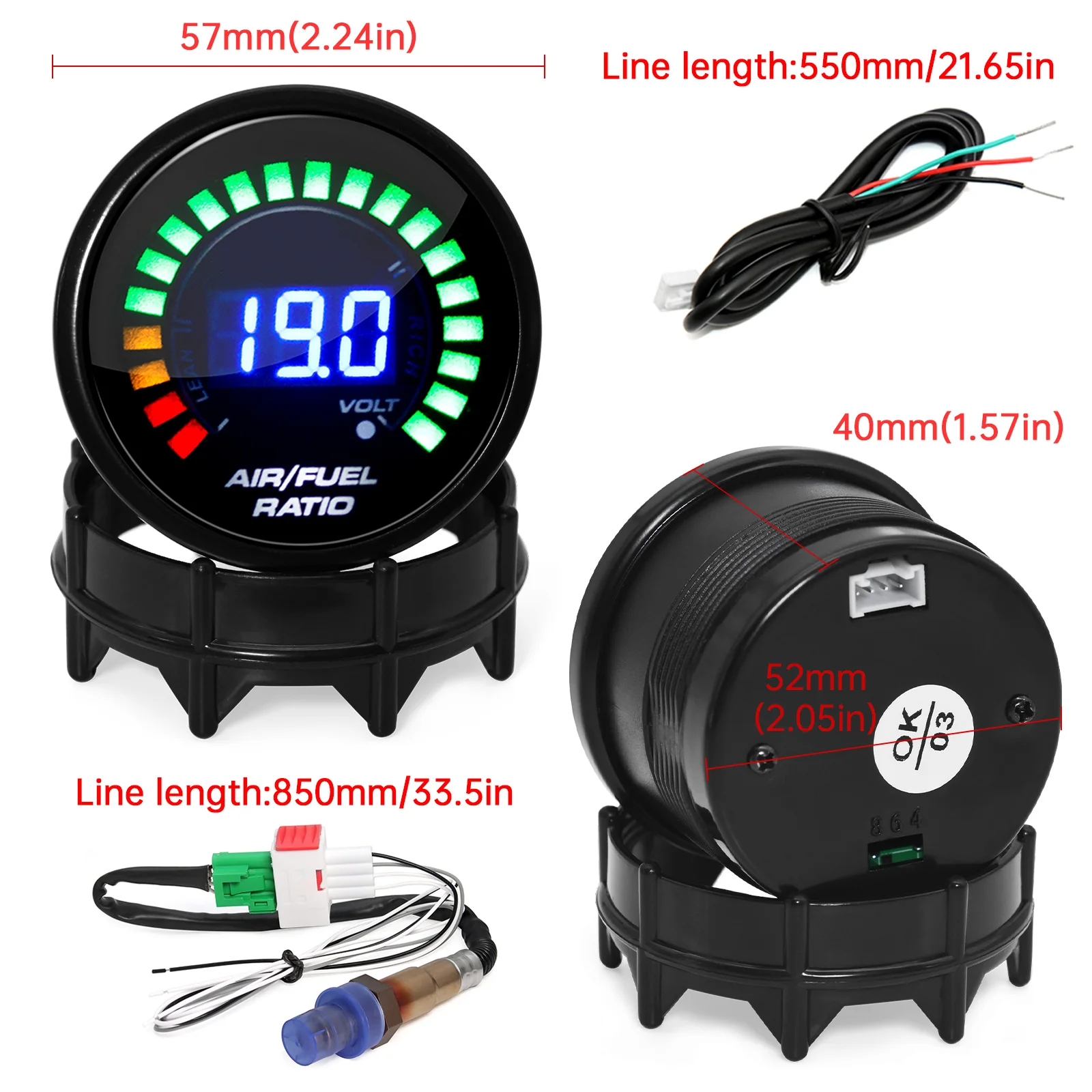 2 "52mm LED Digital Display Luft-kraftstoff Verhältnis Gauge Geräuchertes Gesicht AFR Volt Meter Automotive Voltmeter mit Pfeilband Sauerstoff Sensor 12V – Detail 16