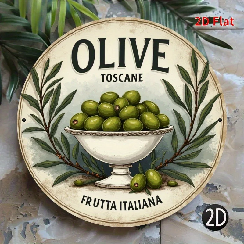 Letrero de Metal redondo de oliva toscana, decoración de campo italiano con arte de olivo, decoración de granja Vintage, Beige, verde y negro, 1 ud.
