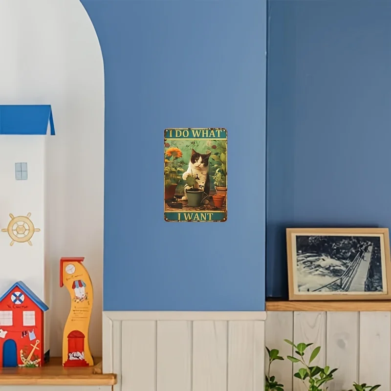 [فن حائط على شكل قطة غريبة] لافتة فنية جدارية معدنية عتيقة على شكل قطة "أنا أفعل ما أريده" - ديكور منزلي من الحديد الريفي مقاس 8 × 12 بوصة مع كاليفورنيا غريب الأطوار