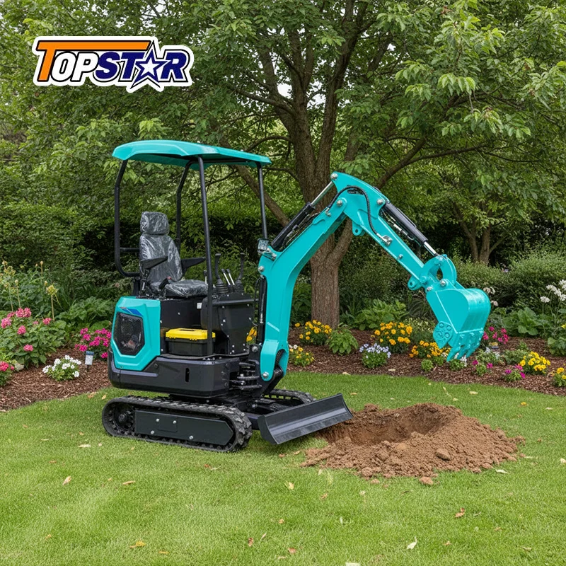 Multifunctional Mini Excavator 1.3 Ton Diesel-Powered Small Digger with Rake Attachment for Garden Leveling