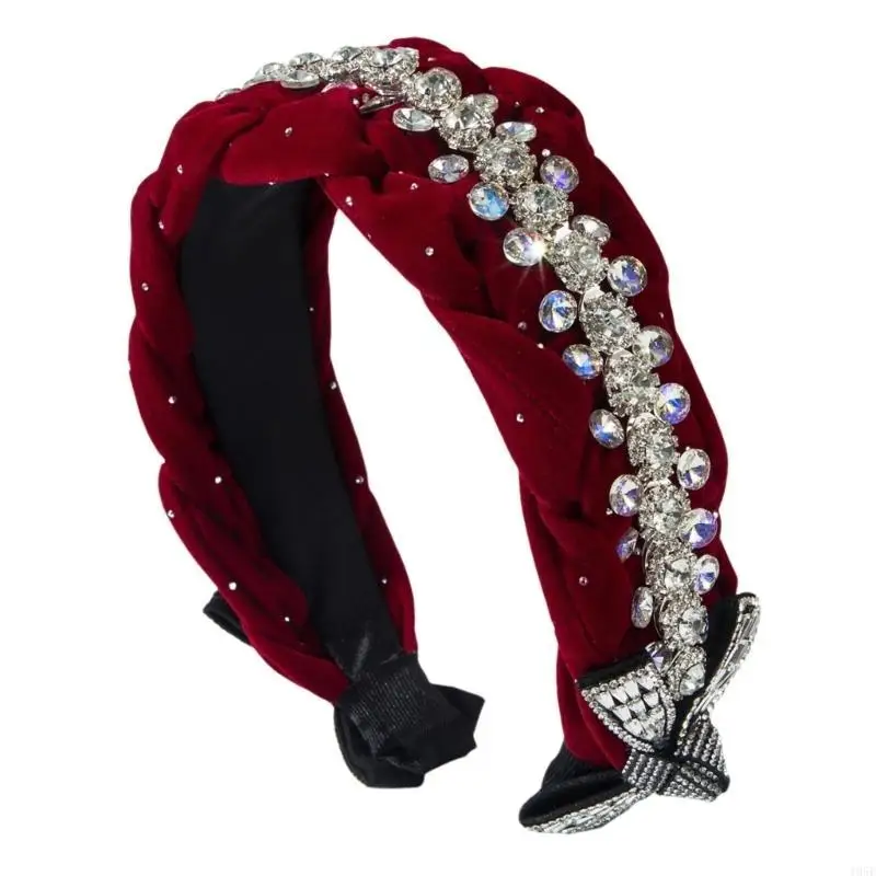 

195E Braided Headband Elegant Crystal Studded Wide Hairband Women High Skull Hairhoop