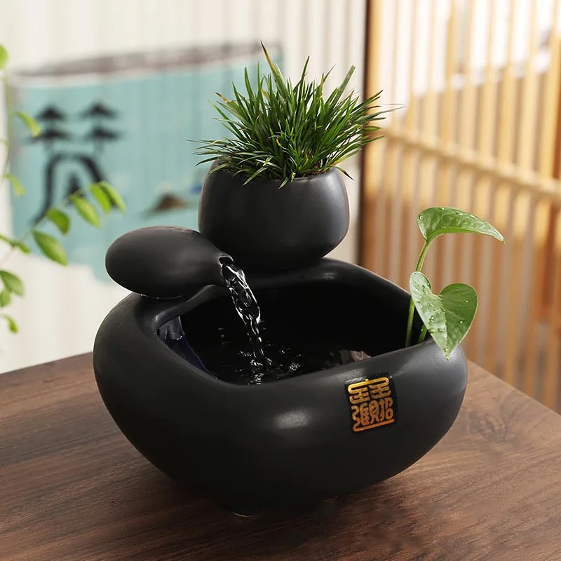 Ceramic Fountain Meditation Calming Waterfall Hydroponic Vase Fish Tank Feng Shui Water Feature Office Home Decor USB Powered