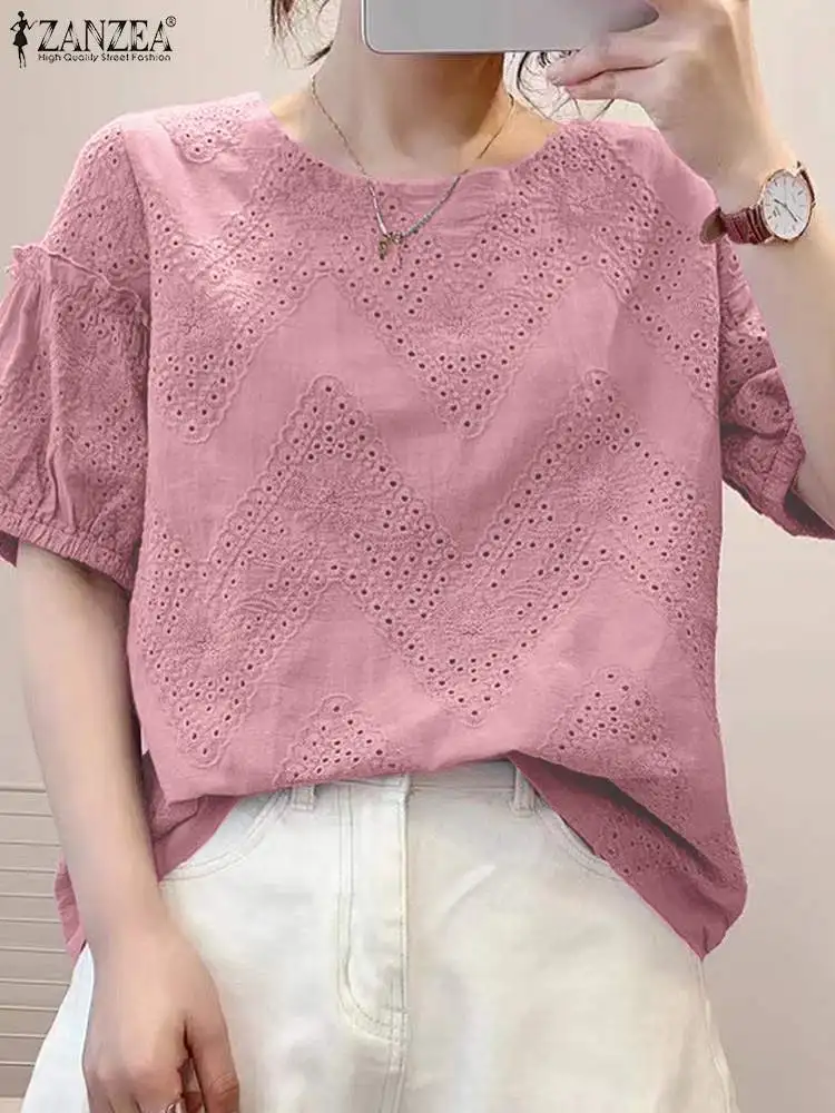 ZANZEA Stylish Hollow Out Lace Solid Blouses Women Elegant Short Puff Sleeve O Neck Shirts 2024 Summer Holiday Casual Party Tops