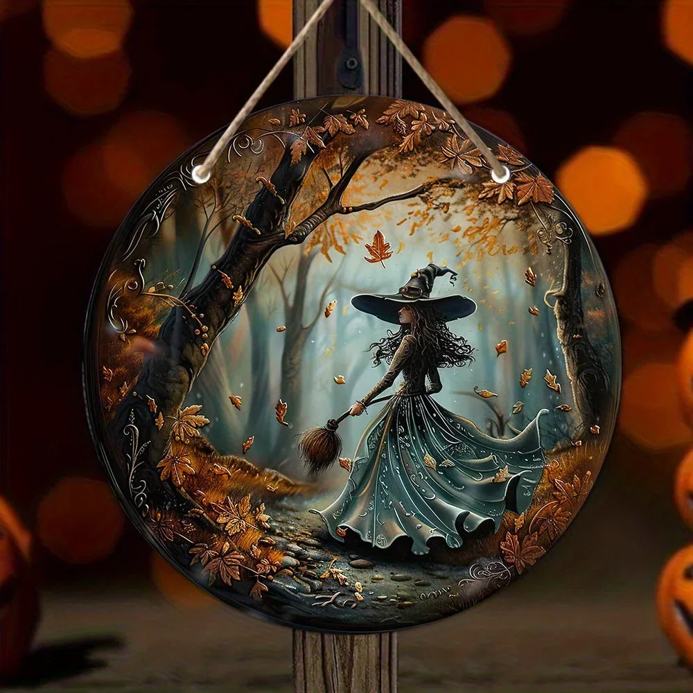 Retro-Hexen- und Kürbis-Holzschild – runde Wanddekoration im Landhausstil, geeignet für die Halloween-Heimdekoration