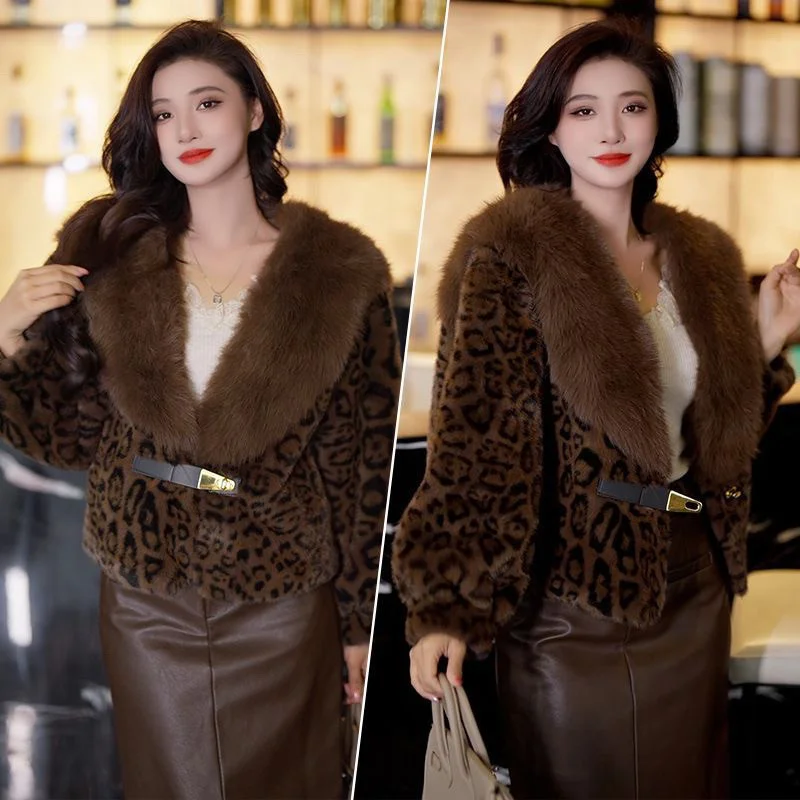 Korean Female Fashion Long Sleeves Fur Jacket Autumn Women High End Leopard Print Mink Faux Fur Coat Winter Ladies Plush Outwear