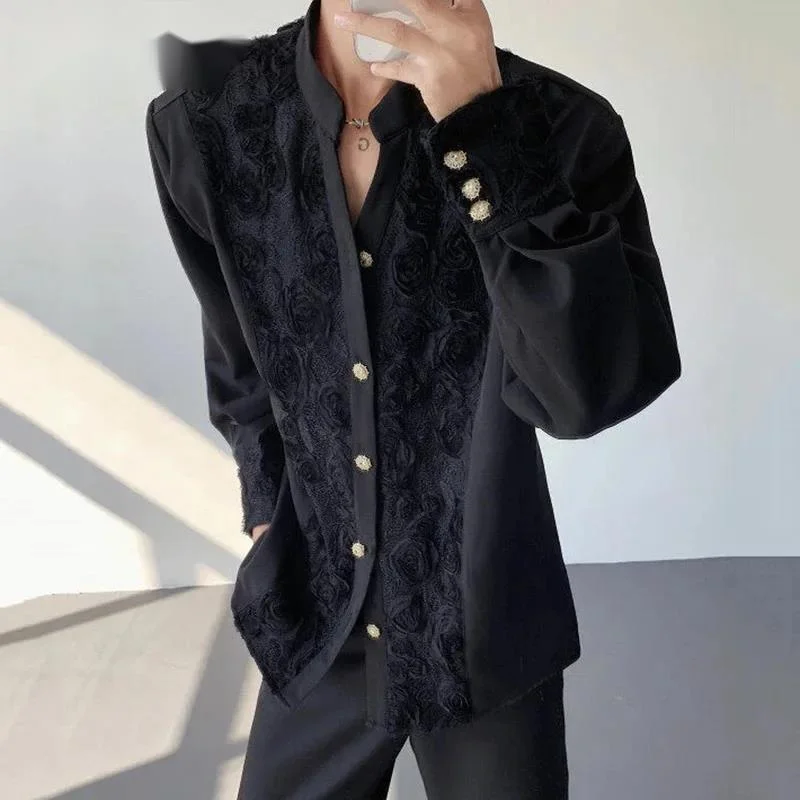 Men's Shirts Long Sleeve New Summe Three Dimensional Rose Printing Decoration Single Breasted Lapel Male Clothing 9W0IPF