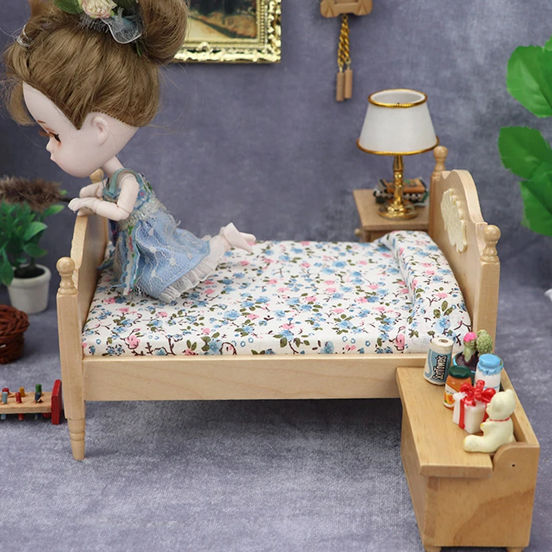 1:12 Dollhouse Miniatuur Houten Slaapkamer Dubbele Bed Europese Simulatie Meubels Model Scene Poppenhuis Decor Accessoires