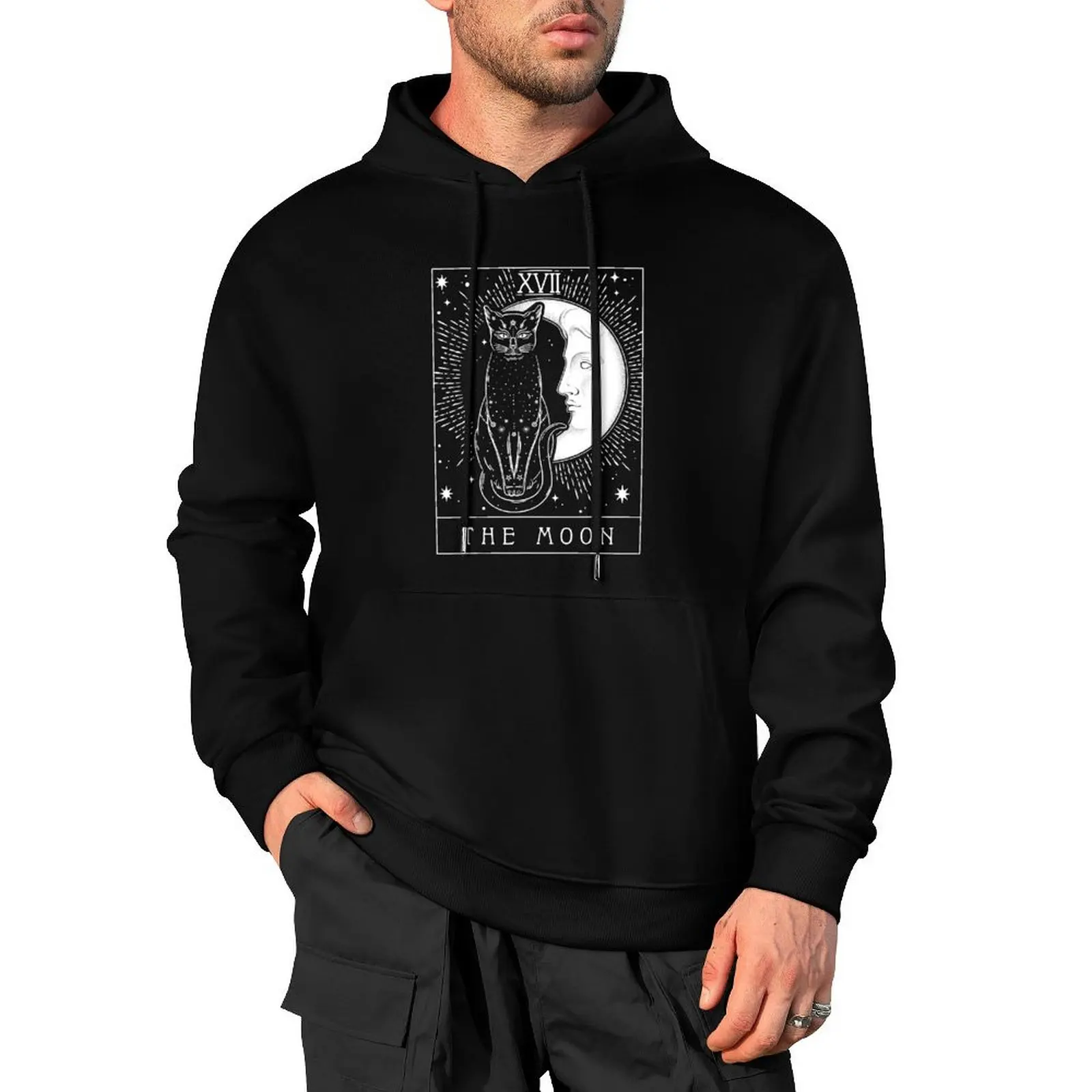 

Tarot Card Crescent Moon And Cat Graphic Pullover Hoodie male clothes clothes for men new features of hoodies & sweatshirts