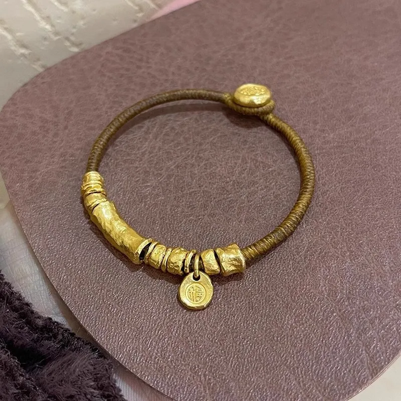 

Vintage Chinese Coiled Wealth Bracelet, Gold Plated Fu Charm Brown Rope, Lucky Protection Amulet, Adjustable Gift for Women