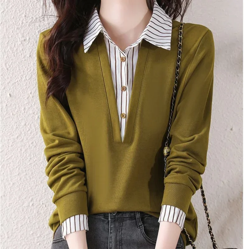 

Autumn Winter New Oversize Versatile Top Splice Buttons POLO Collar Long Sleeve Korean Version Temperament Commuter Shirt LJ87