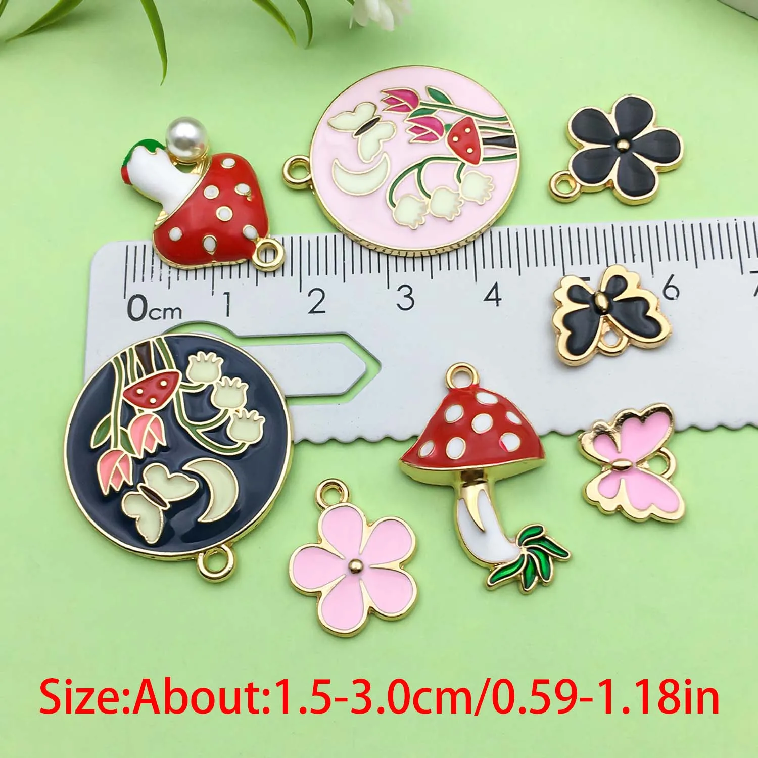 8/10pcs Colorful Enamel Mushroom, Flower, Butterfly Design Charms Alloy Plant Insect Pendants for DIY Jewelry Making Accessories