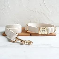 Personalisiertes Hundehalsband, individuelles Haustierhalsband, kostenlose Gravur, Ausweis, Namensschild, Haustierzubehör, beige, dicker Anzug, Faser-Welpenhalsband, Leine