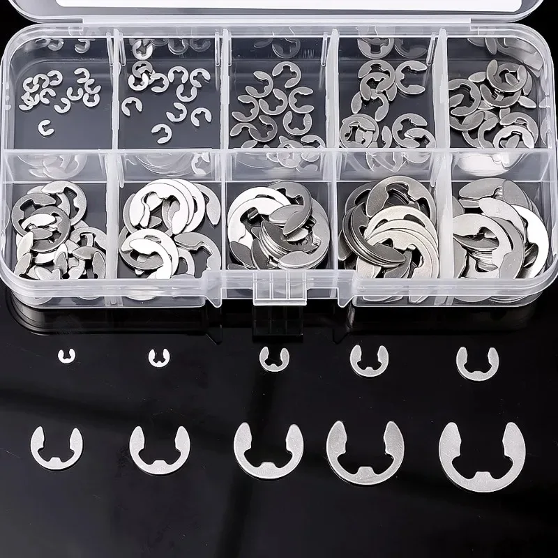 M1.5- M10 Stainless Steel E Clip Washer Assortment Kit Metal Open Retaining Ring Washer for Shaft Fastener Hardware Accessories