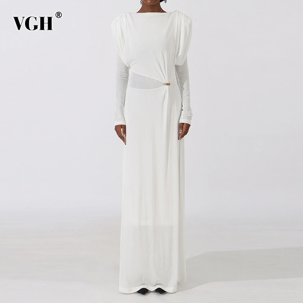 

VGH Solid Slimming Spliced Metal Buckle Dresses For Women Slash Neck Long Sleeve High Waist Temperament Dress Female Fashion New