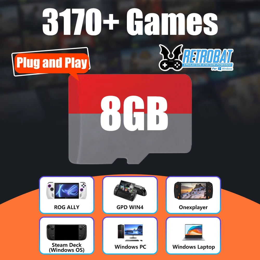 8GB TF Game Card with 3170 Retro/PC Games Retrobat OS for ROG ALLY/Onexplayer/GPD WIN4/Win Handheld Game Console/Win PC/Laptop