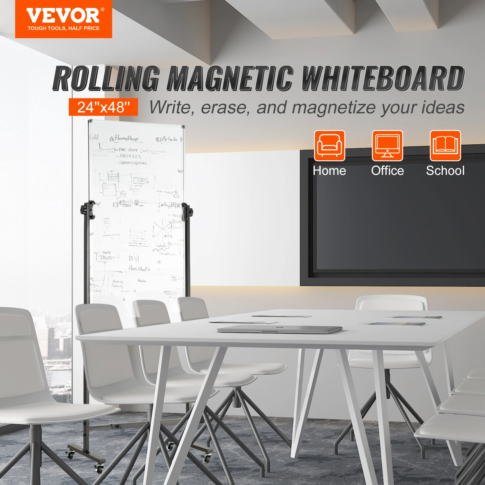 VEVOR Rolling Magnetic Whiteboard Double-Sided Mobile Whiteboard 360° Reversible Adjustable Height Dry Erase Board for School