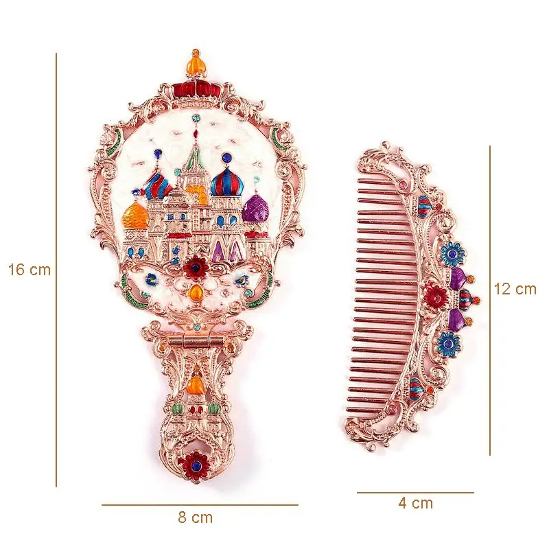 Handheld Mirror Set Vintage Makeup Mirror and Comb Antique Princess Castle Cosmetic Decorative Embossed Hair Brush Gift for Girl