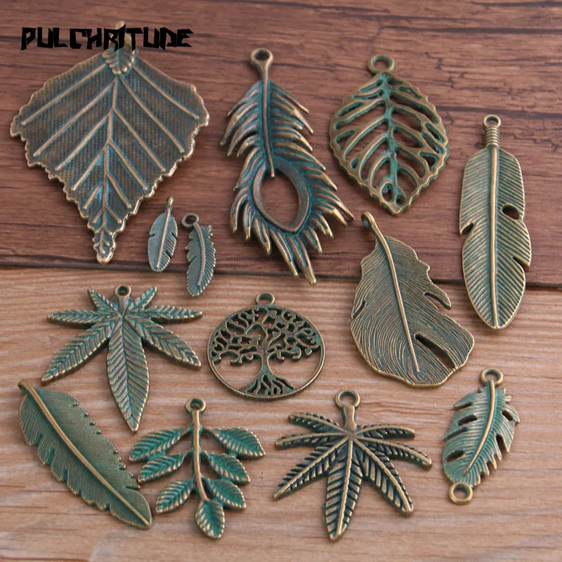 13 Styles 2-30pcs Mix Green Bronze Metal Zinc Alloy Leaves Charms Fit Jewelry Medical Plant Pendant Handmade Makings