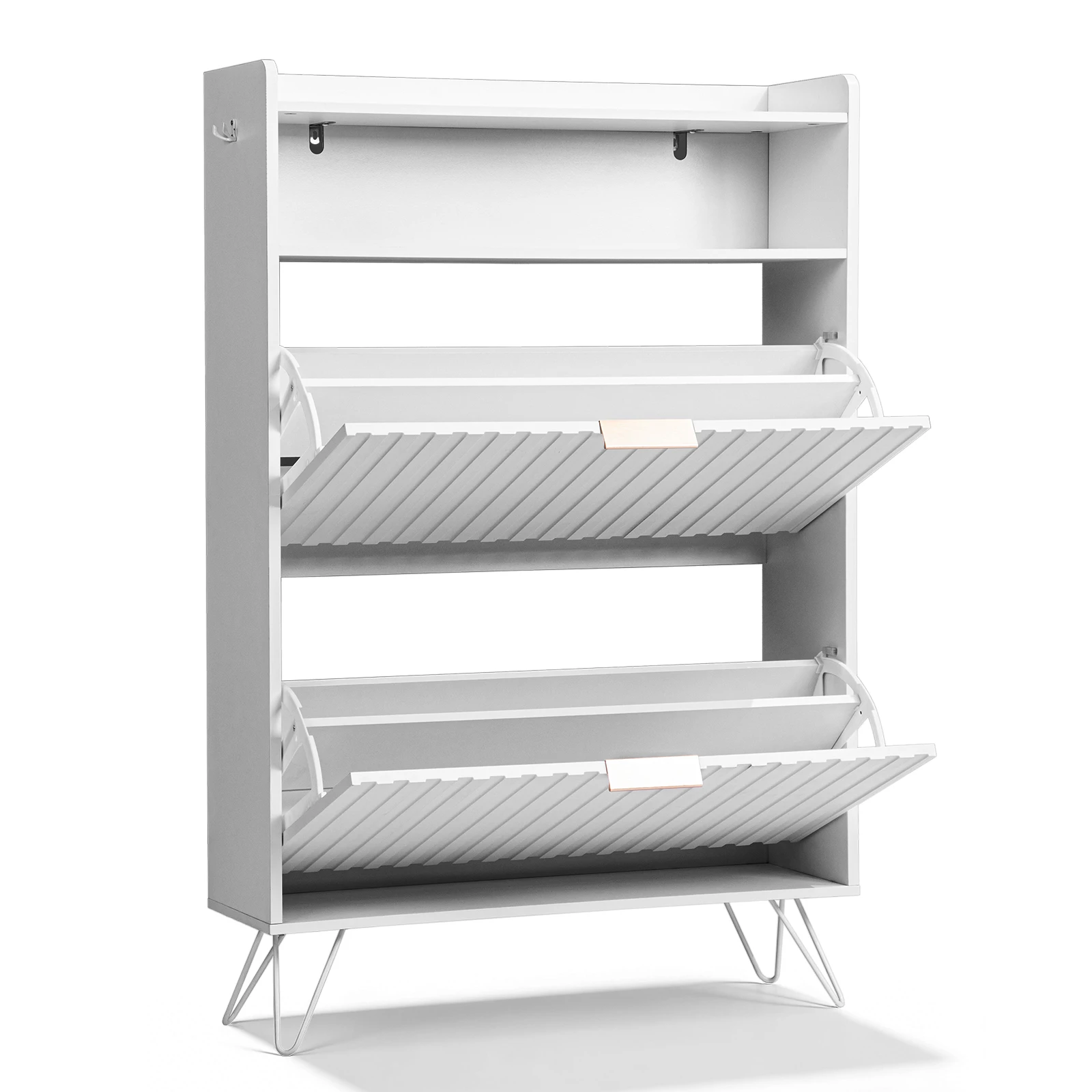 

grille surface with baffle 2 buckets plus top flip drawer 2 hooks high feet, shoe cabinet, particle board cabinet, MDF blister
