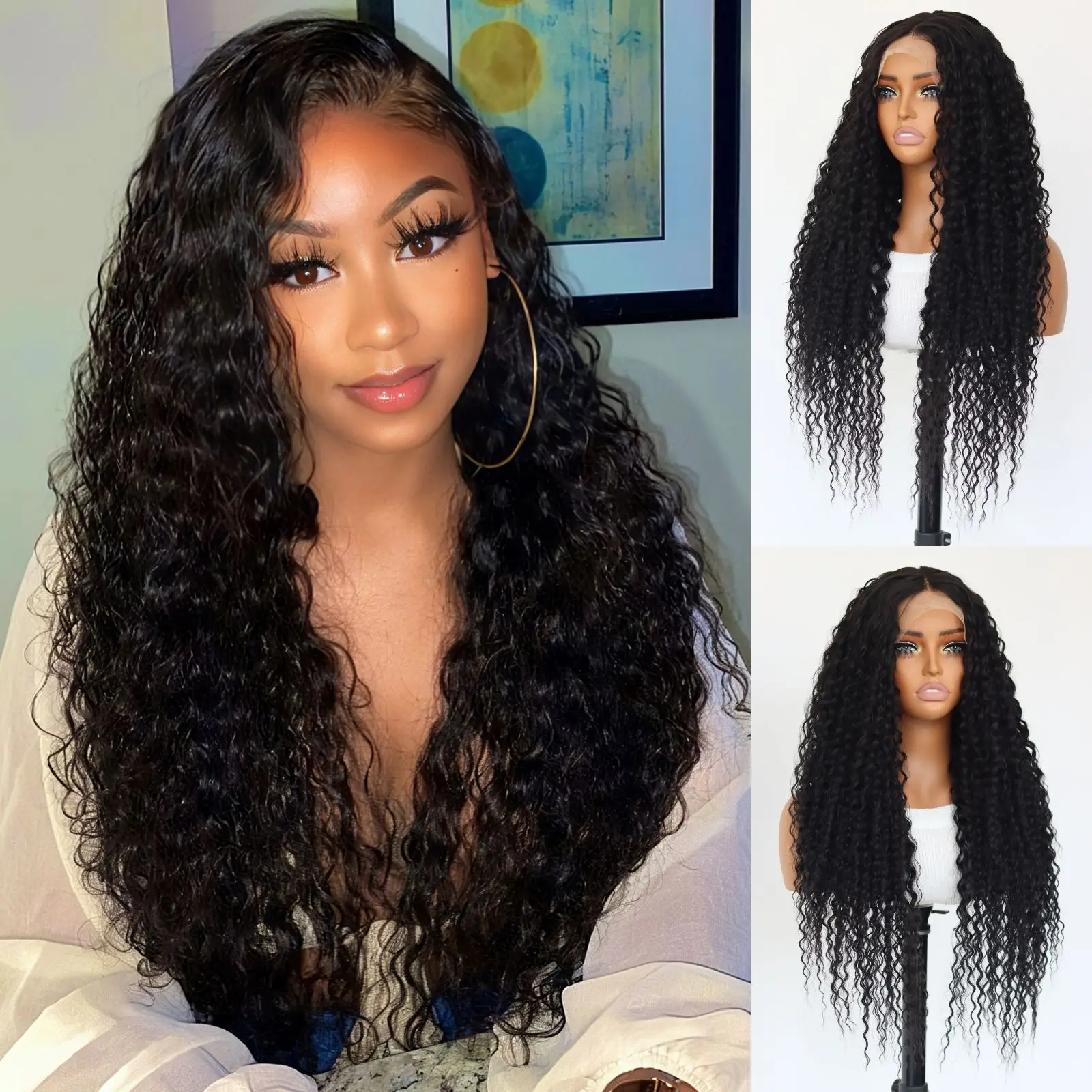 

Длинные Черные Вьющиеся Синтетические Парики Фронта Шнурка Натуральные Черные Свободные Вьющиеся 13×4 Парики Фронта Шнурка Предварительно Сорванные Парики Натуральных Волос