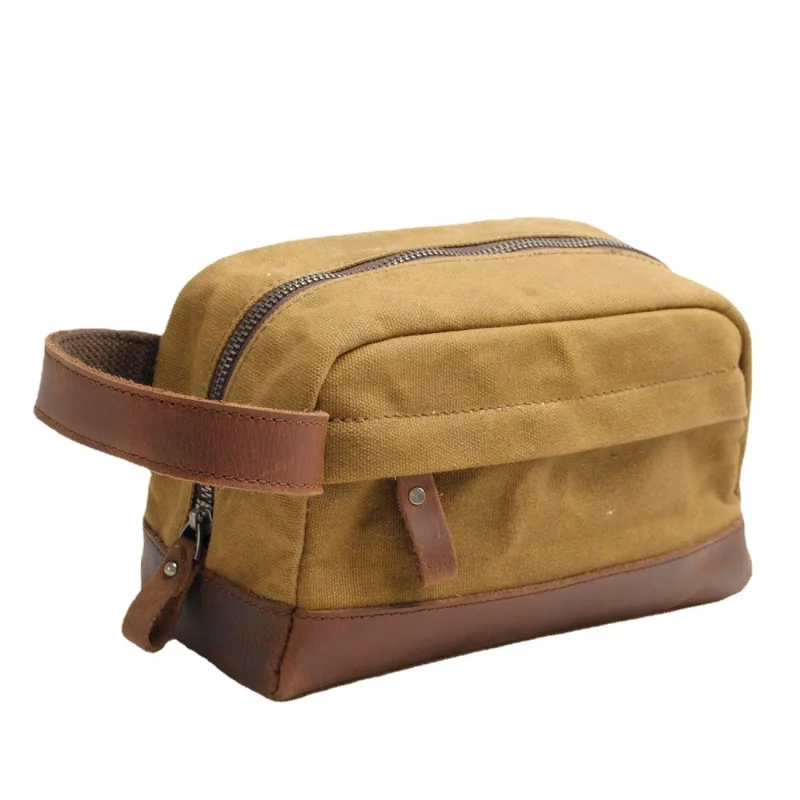 New men's clutch bag - oil-waxed canvas toiletry bag - retro genuine leather handbag - top layer of cowhide wrist bag