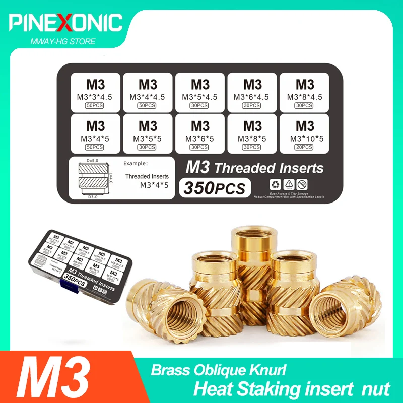 M3*4*5 M3*4*5 M3*6*5 Double Knurl M3 Brass Hot Melt Insert Nuts Heat Mold Injection Embed Copper Nut for 3D Printing