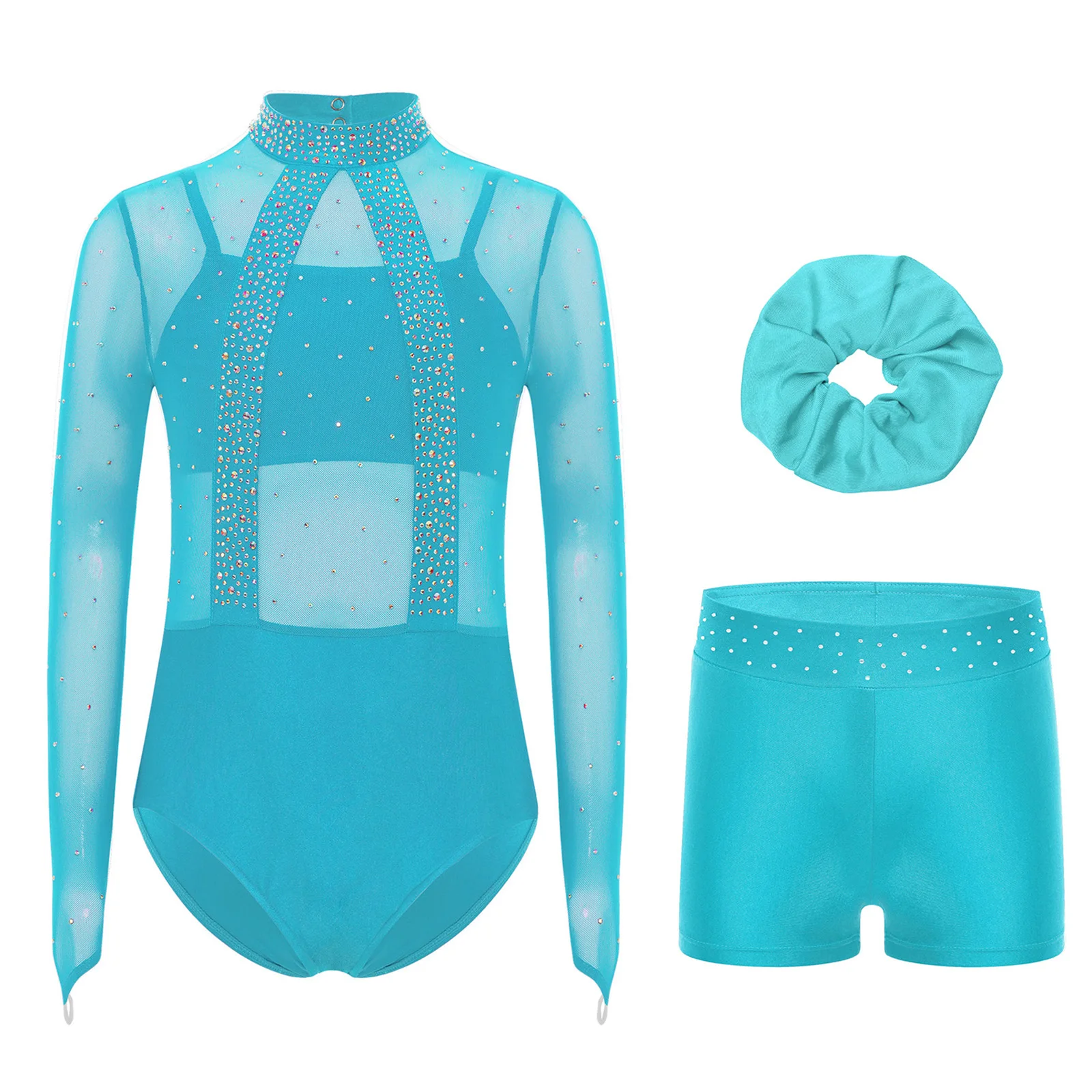 

4Pcs Kids Girls Gymnastics Dance Outfit Shiny Rhinestone Sheer Mesh Bodice Leotard+Spaghetti Straps Camisole+Shorts+Hairband Set