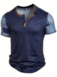 New Men's Vintage Denim Printed V-Neck Short Sleeve Fashion Regular Fit Henley T Shirt Top Spring Summer Vacation Wear Clothing