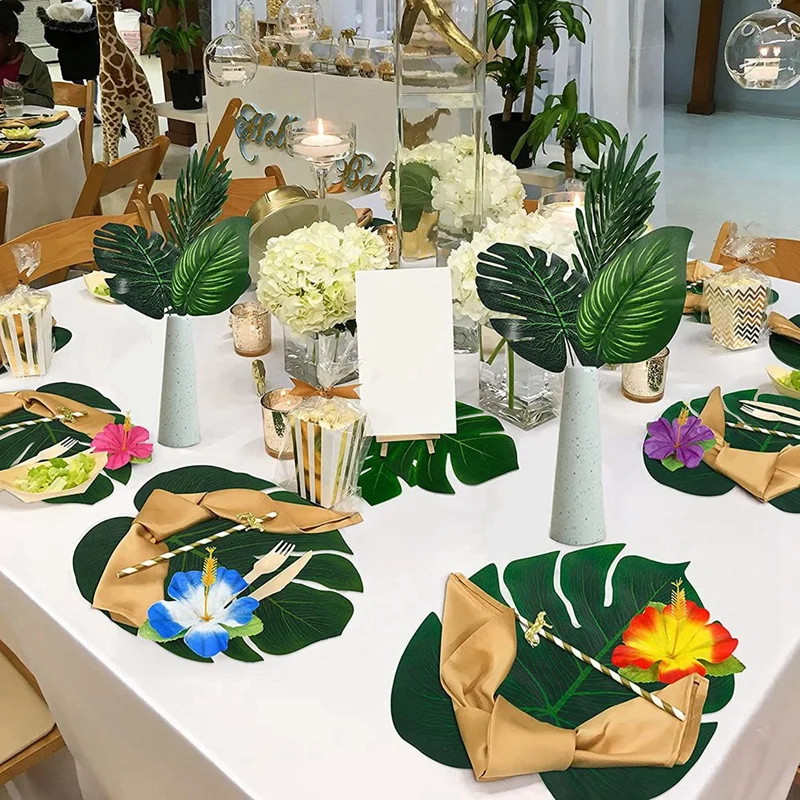 열대 야자수 잎 식물 Artificial-105Pcs, 녹색 잎, 파티 테이블 장식, 7 종류, 105 개