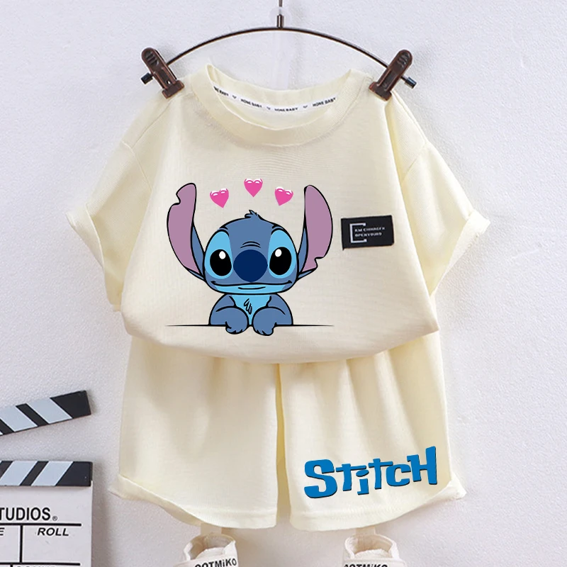 New Cute Lilo Stitch Children T-Shirt Shorts Set Boys Girls Disney Cartoon Printed Short Sleeves Tops Summer 2024 Kids Clothes