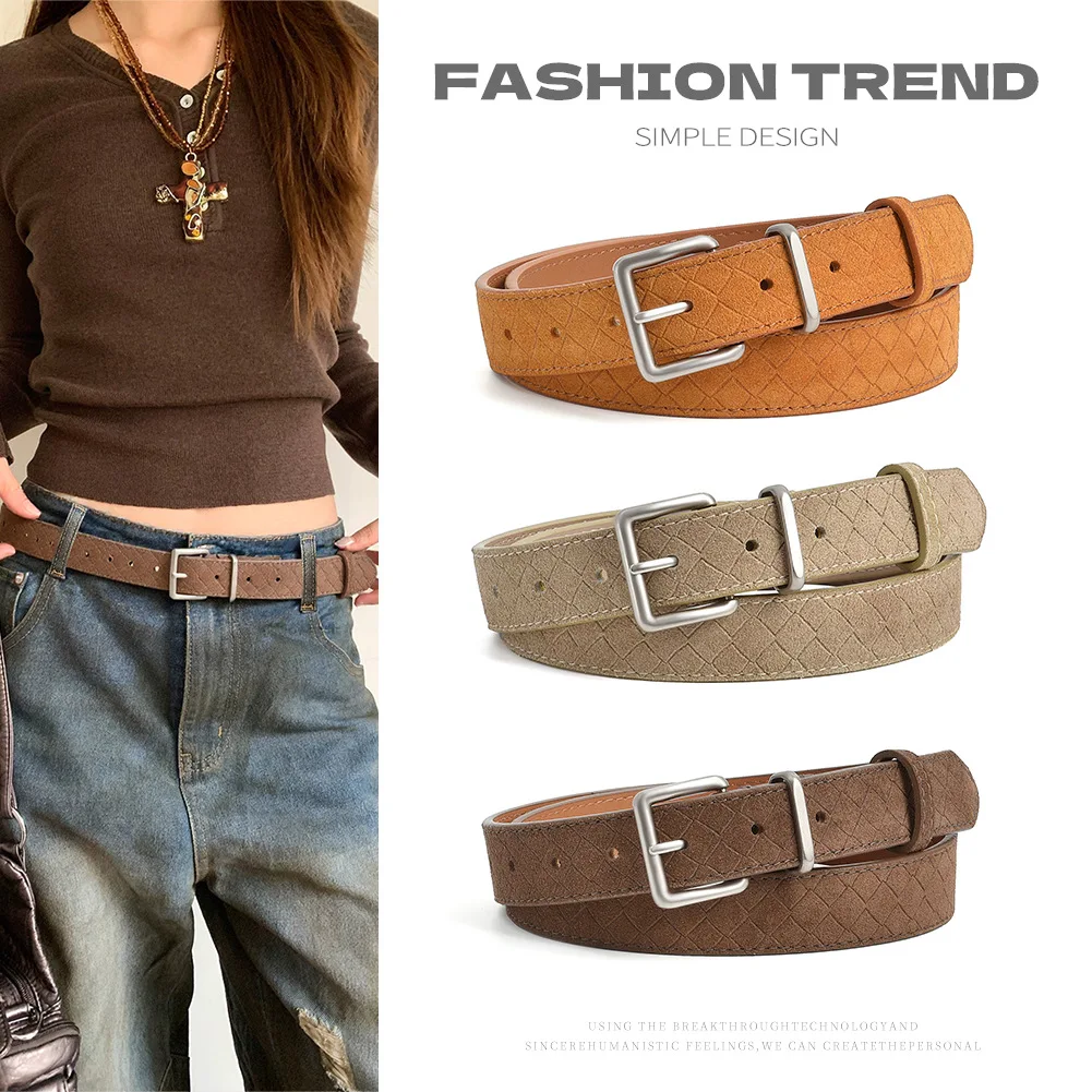 Classic Suede Check Pattern Women's Belt Fashion Simple Jeans Accessories Genuine Leather Versatile Solid Color Pin Buckle Belt