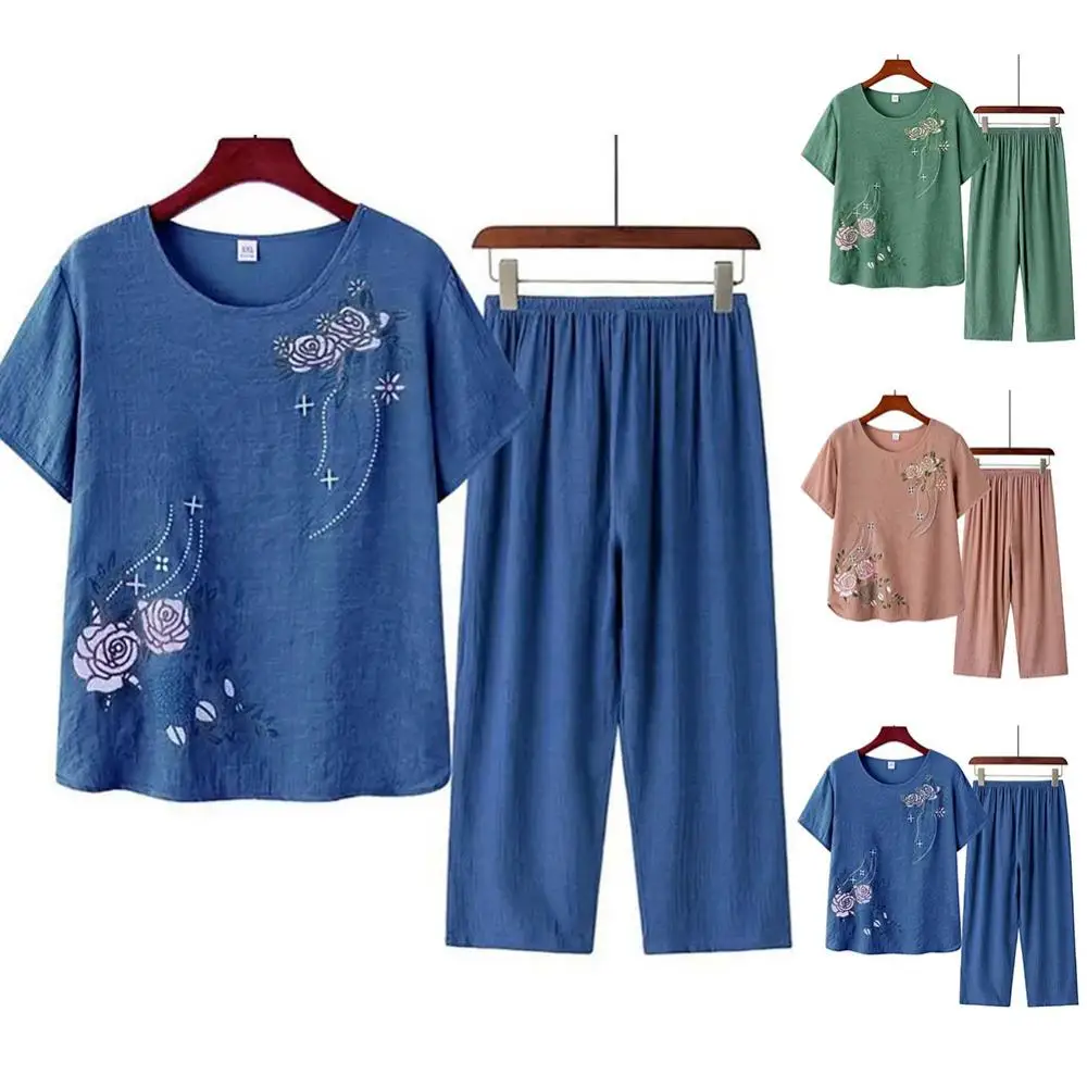 Tenue de maison à imprimé floral pour femme d'âge moyen et titane, t-shirt à manches courtes pour mère, costume ample en coton et lin, costume 2 pièces