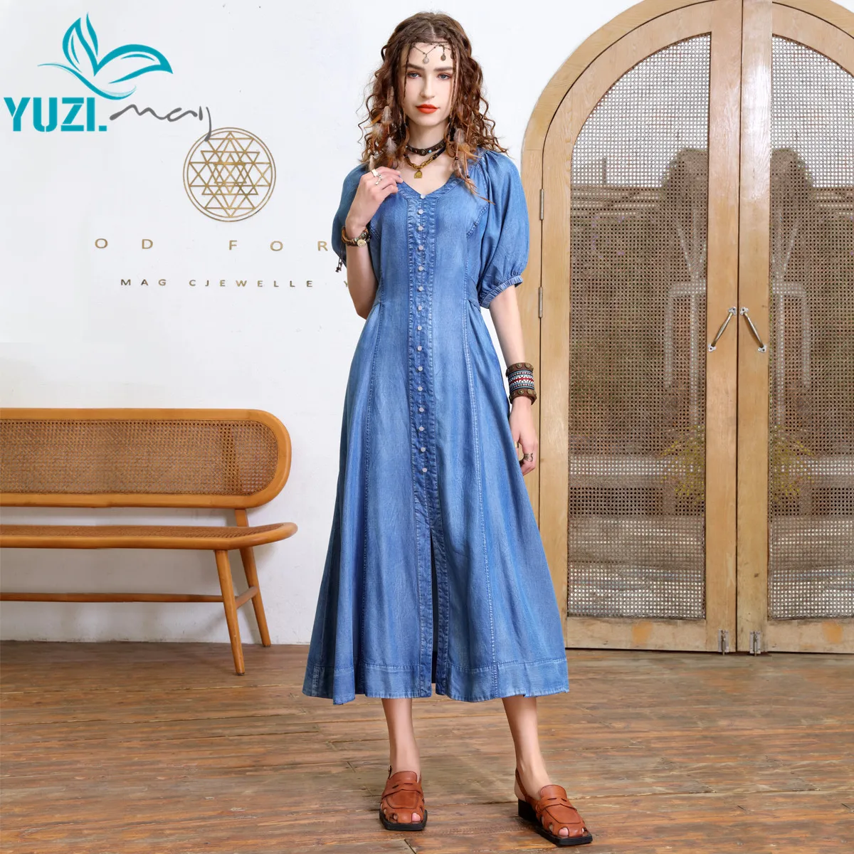 

Summer Dress 2022 Yuzi.may Boho New Denim Women Dresses V-Neck Lantern Sleeve Single Breasted Drawstring Wasit Vestidos A82528