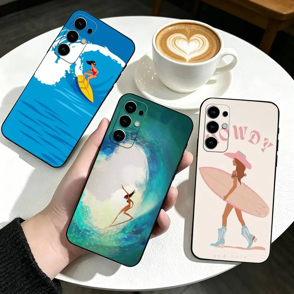 s-Surfboard Surfing Art Surf Girl Phone Case For Samsung S25,S24,S21,S22,S23,S30,Ultra,S20,Plus,Fe,Lite,Note,10,Black Cover