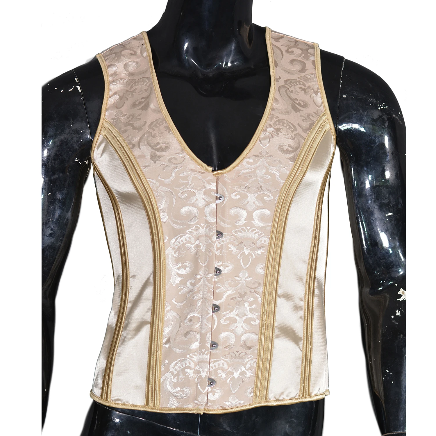 

Men's Corset Vest Tummy Control Vintage Waistcoat Handmade Quality Gold Floral Print Shaping Tops Lace Up Boned Costume V Neck