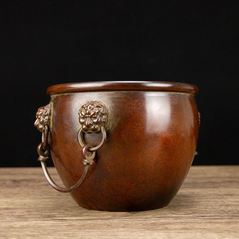 Copper-colored double- treasure bowl ornament, lion-head vat, brass burner, Ming Dynasty Xuan De incense burne