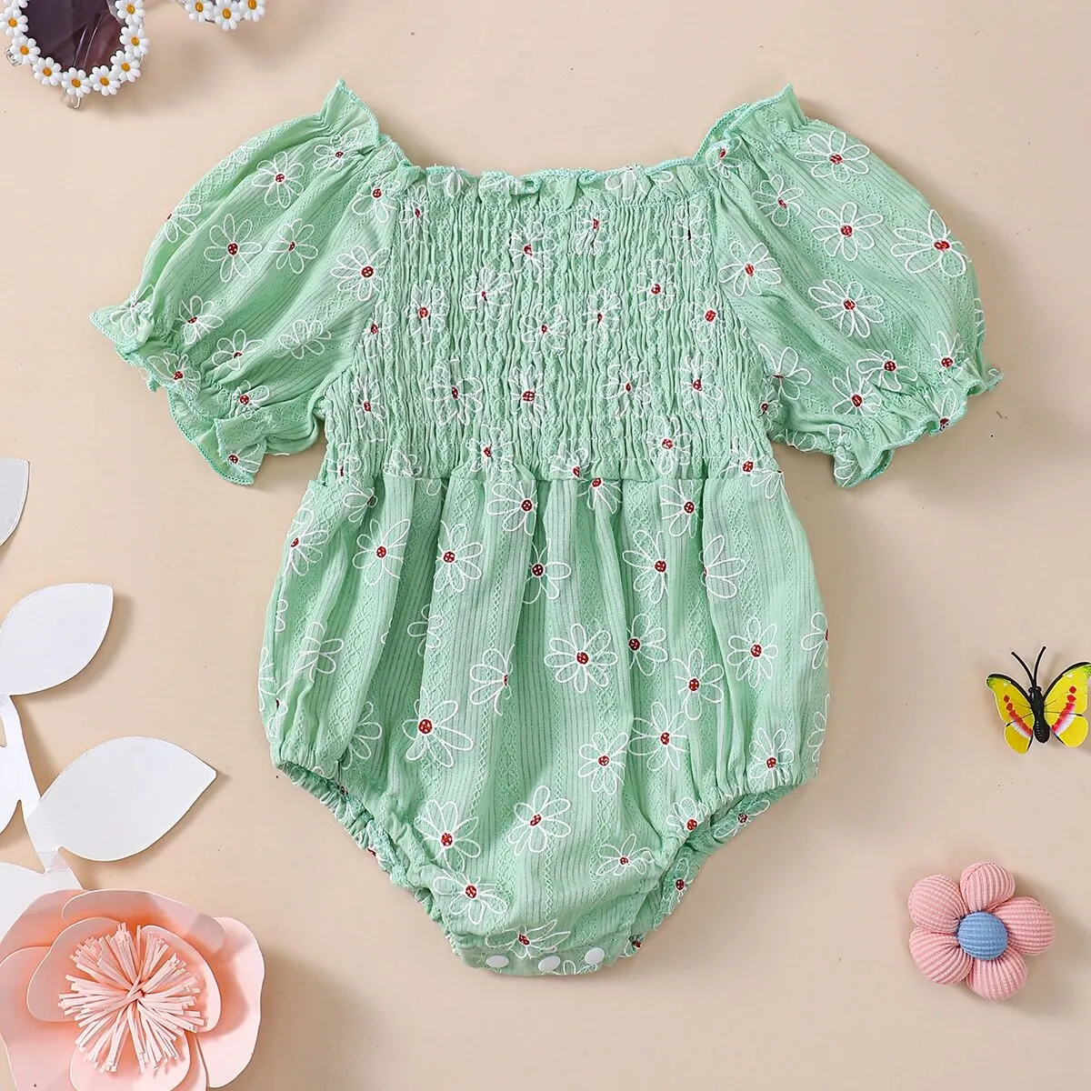 Summer Refreshing Baby Girl Cotton Small Wrinkled Chrysanthemum Bubble Sleeve Pajamas Triangle Crawling Suit Comfortable