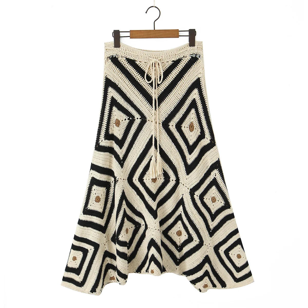 Boho Beach Handmade Granny Squre Crochet Women Skirts Ethnic Diamond pattern A-line Knitted Drawstring Waist Ladies Skirt Falde