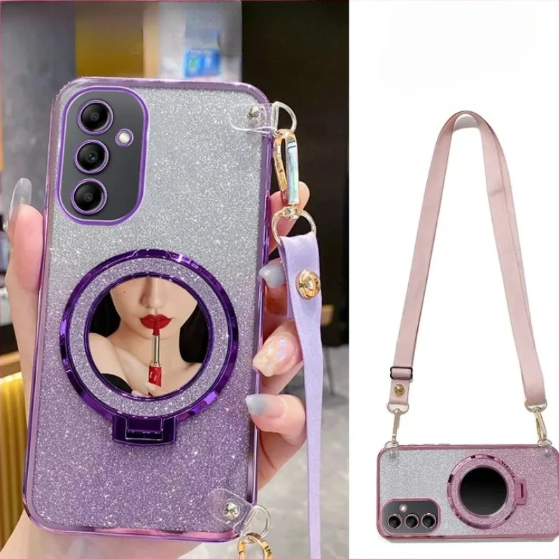 Crossbody Lanyard Mirror Magnetic Stand Holder Plating Case for Samsung Galaxy A14 A24 A34 A54 A15 A25 A35 A55 A05 A05S 5G Cover