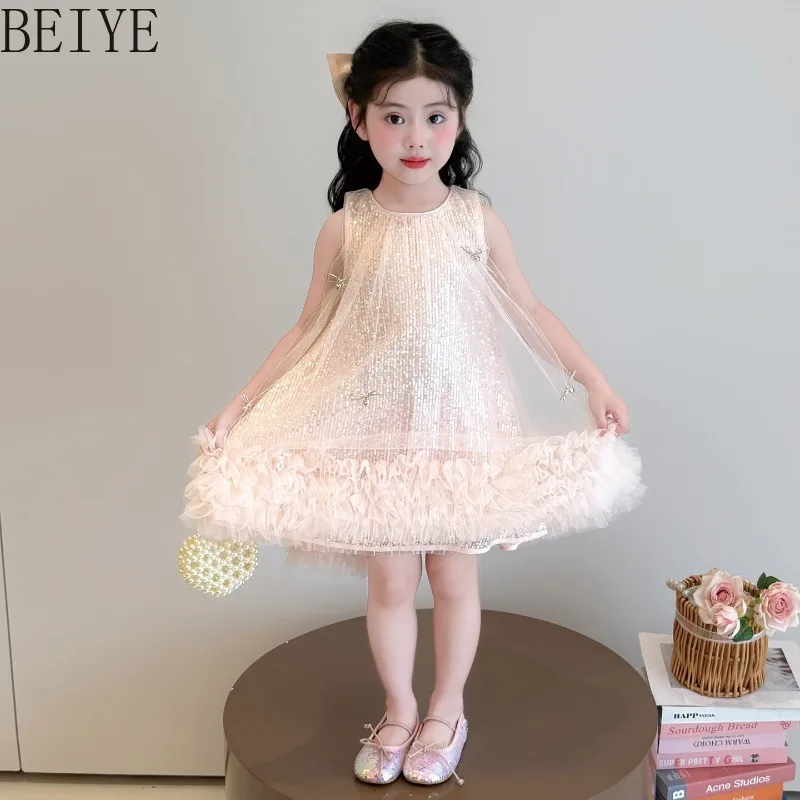 

Girls Designer Soft Tulle Sequin Dress Sleeveless Fluffy Tutu Princess Dress for Kids Birthday Party Photoshoot Wedding Dress