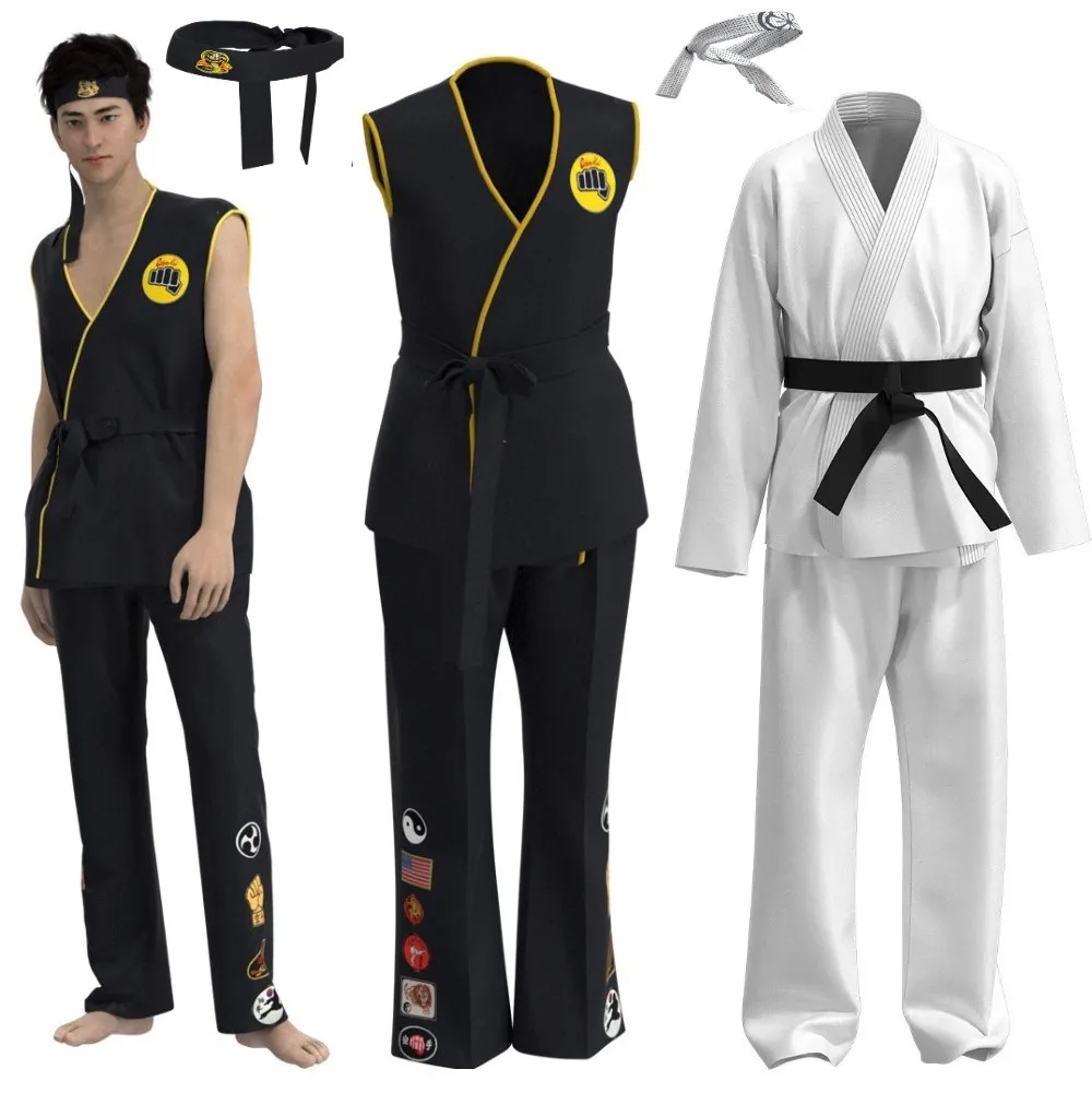 

The Karate Kid Daniel LaRusso Johnny Lawrence Black Karate Uniform Headband Cobra Kai Cosplay Costume For Adult Kids Child Men