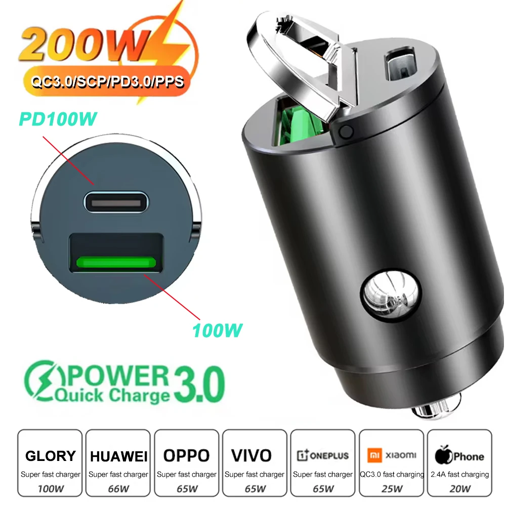 100 W/200 W QC3.0 PD Mini Autolader 12-24 V Aansteker Snel Opladen Auto USB Type C Oplader voor Xiaomi Samsung Huawei iPhone Power