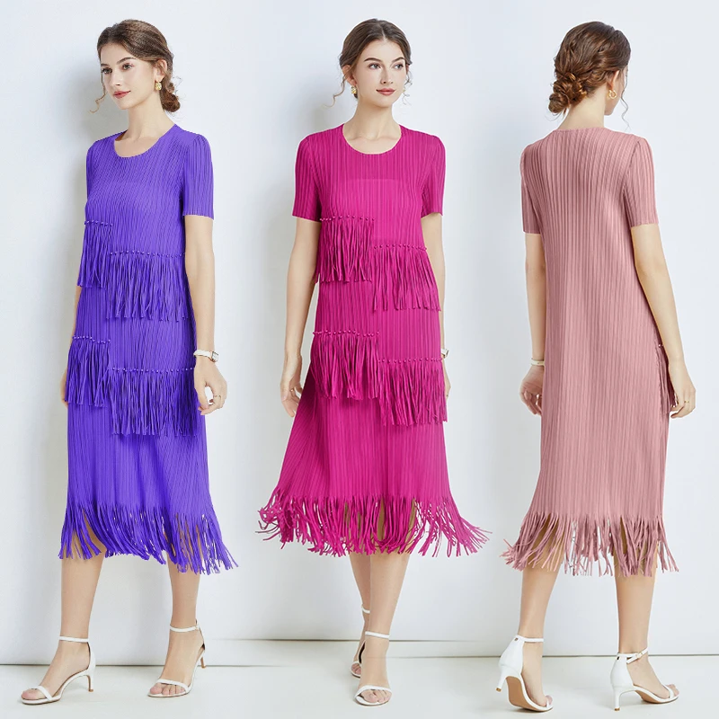 2023 Summer New Pleated Skirt O-Neck Loose Large Solid Tassel Dress Short Sleeve Elastic Magic Skirt Slim Long Dress