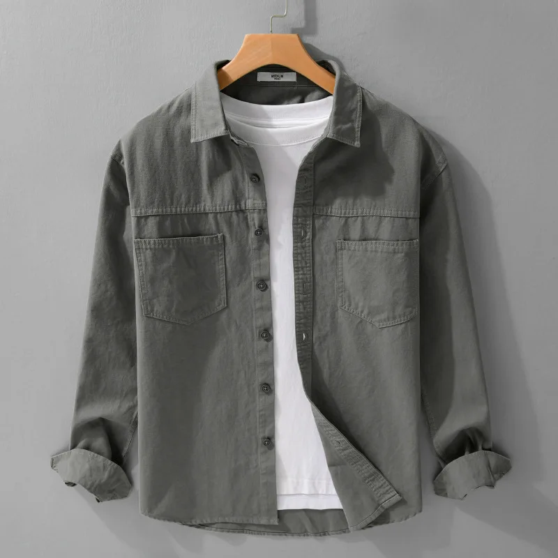 

Ретро японский Sle Long Sve Cotton Повседневная свободная мужская одежда irt Pure Color Youth Faion Ameika Khaki Модная рабочая одежда