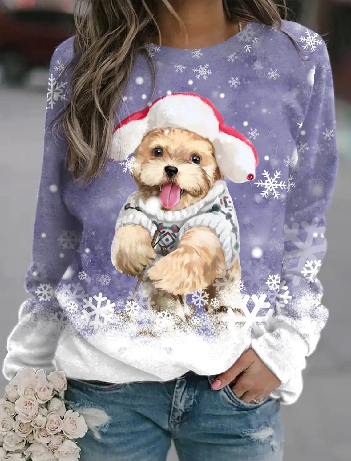 Women's Christmas Puppy Snowflake Print Long Sleeve T-shirt Sports Casual Cute Polyester Ultra-thin Round Neck Long Sleeve